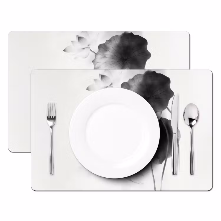 Vinilo para manteles individuales - Flores de loto - Peces - Hojas - Negro — 2