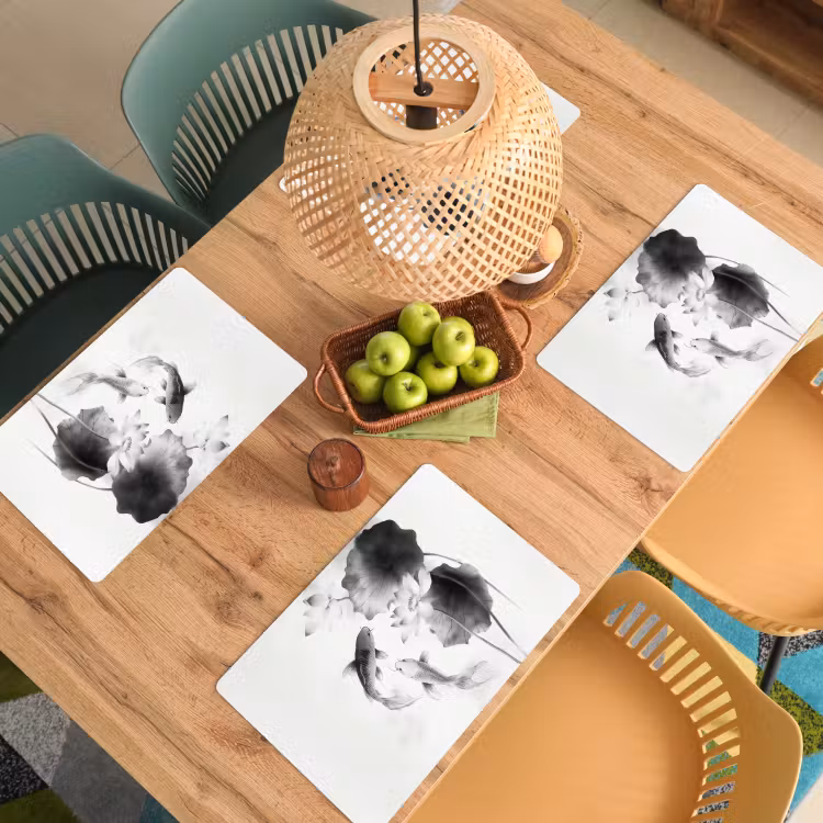 Vinilo para manteles individuales - Flores de loto - Peces - Hojas - Negro — 3