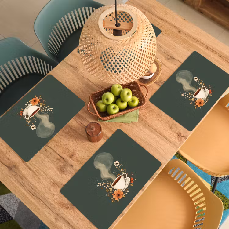 Vinilo para manteles individuales - Taza - Flores - Verde - Café — 3