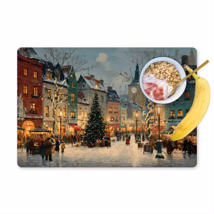 Vinilo para manteles individuales - Ambiente navideño - Plaza de la ciudad - Colorido — 1