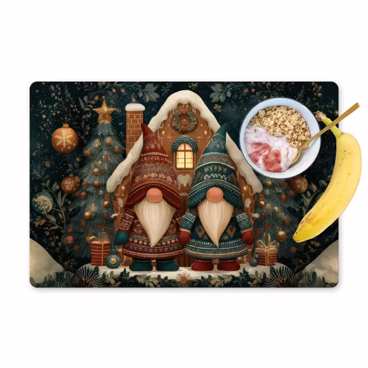 Vinilo para manteles individuales - Navidad - Gnomos - Casa de pan de jengibre - Rojo - Verde — 1