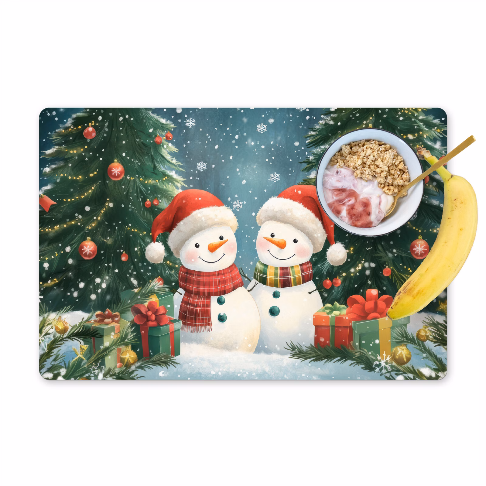 Vinilo para manteles individuales - Muñeco de nieve - Nieve navideña - Verde - Rojo — 1