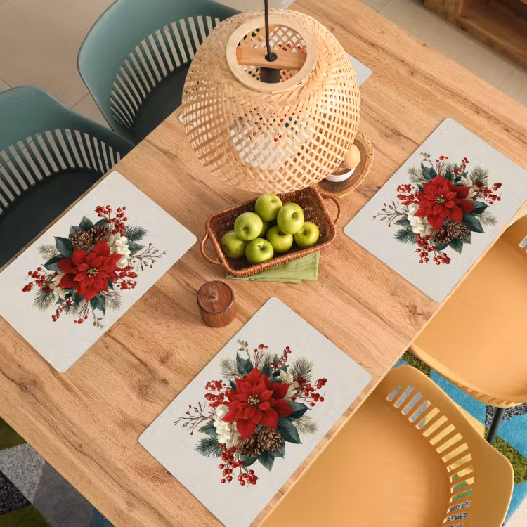 Vinilo para manteles individuales - Arreglo de Navidad - Poinsettia - Piñas de pino - Rojo — 3