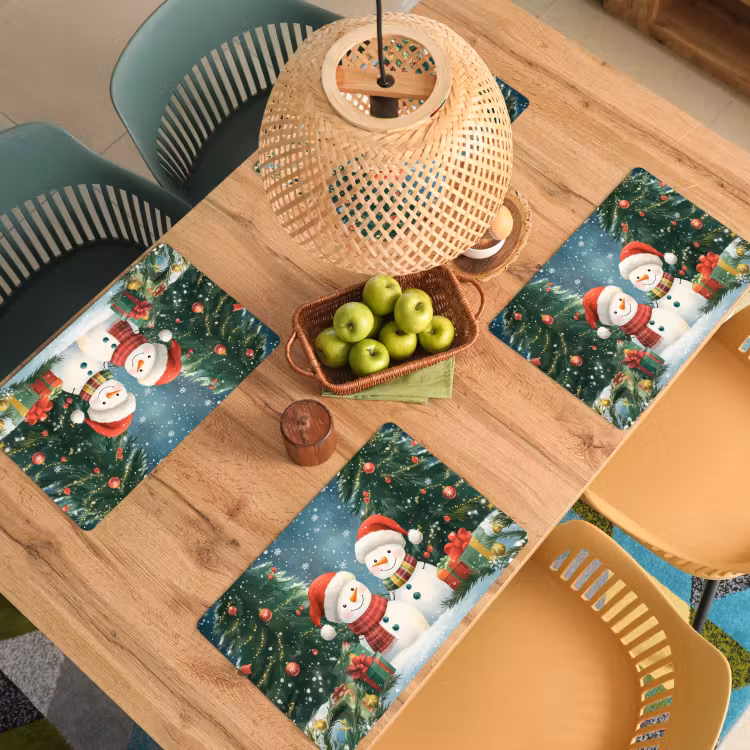 Vinilo para manteles individuales - Muñeco de nieve - Nieve navideña - Verde - Rojo — 3