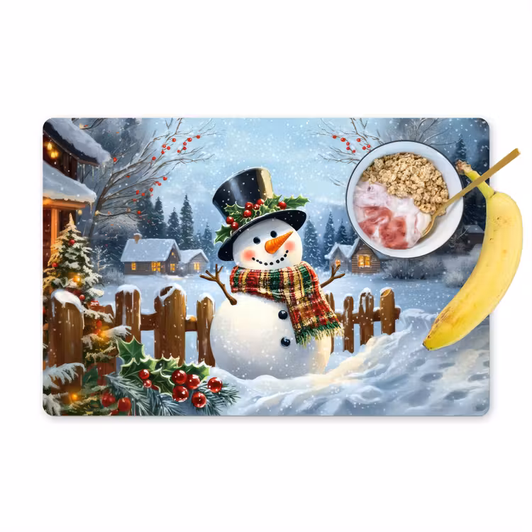 Vinilo para manteles individuales - Muñeco de nieve - Pueblo de invierno - Colorido — 1