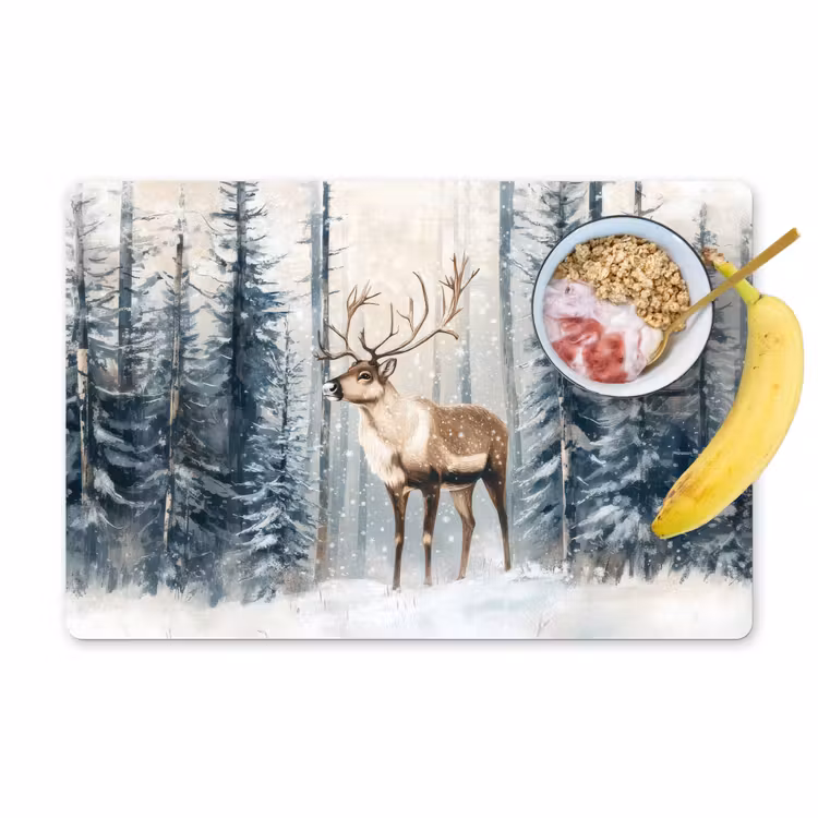 Vinilo para manteles individuales - Reno - Nieve - Bosque - Blanco — 1