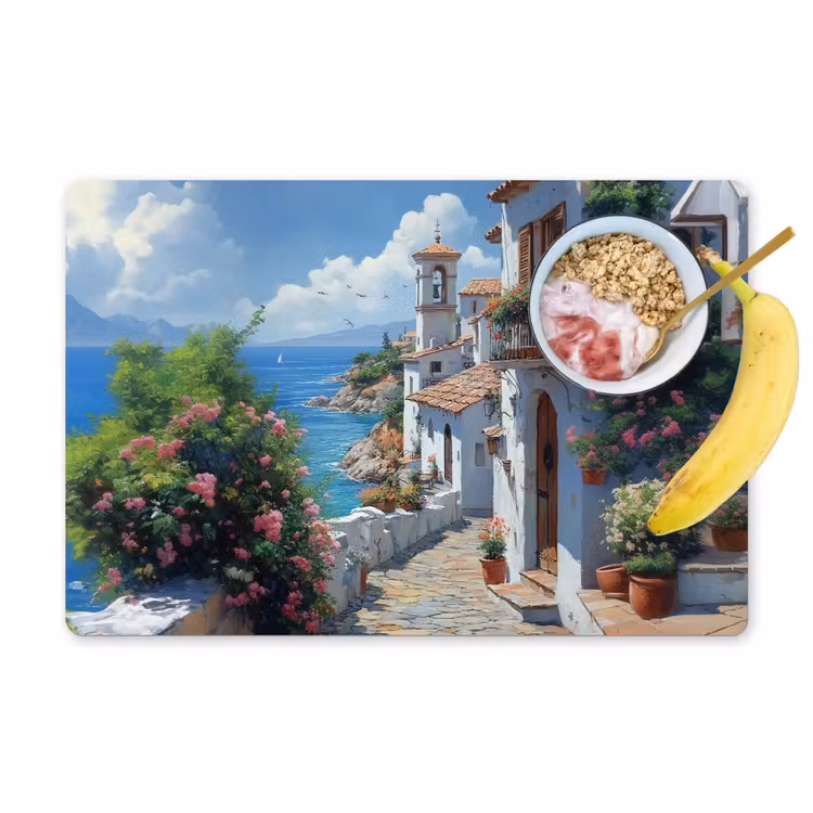 Vinilo para manteles individuales - Casas - Mar - Árboles - Flores — 1