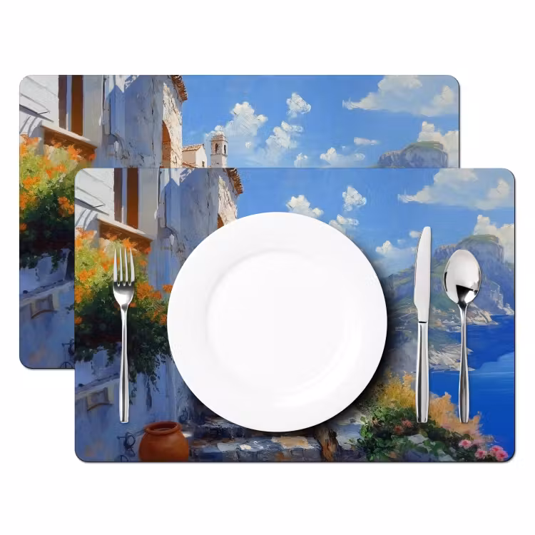Vinilo para manteles individuales - Escaleras - Casas - Paisaje de montaña - Mar — 2
