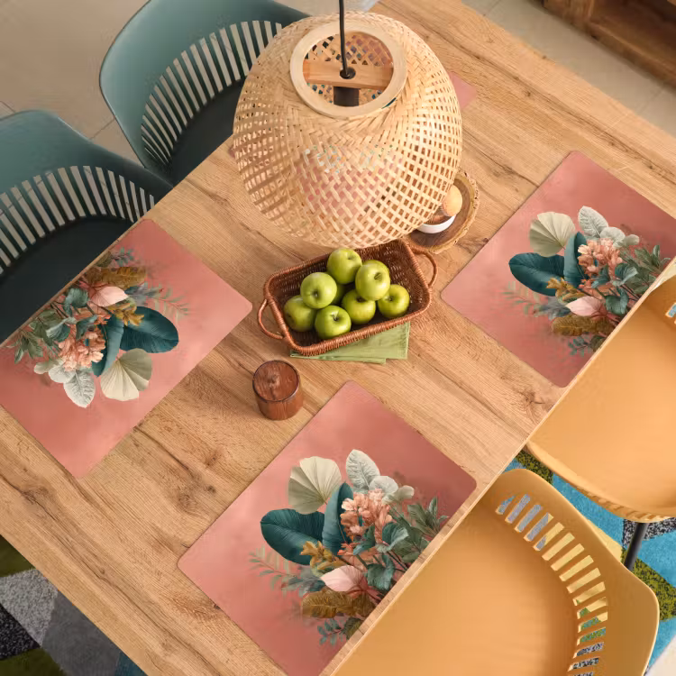 Vinilo para manteles individuales - Hojas tropicales - Flores - Rosa - verde — 3