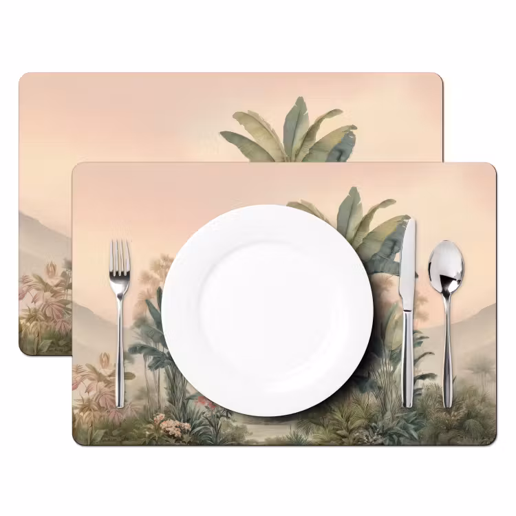 Vinilo para manteles individuales - Paisaje tropical - palmeras - Flores - Cielo rosa — 2