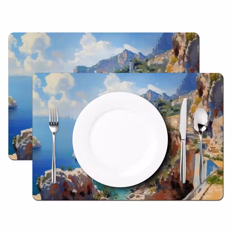 Vinilo para manteles individuales - Pueblo costero - Pintura - Rocas - Barcos — 2