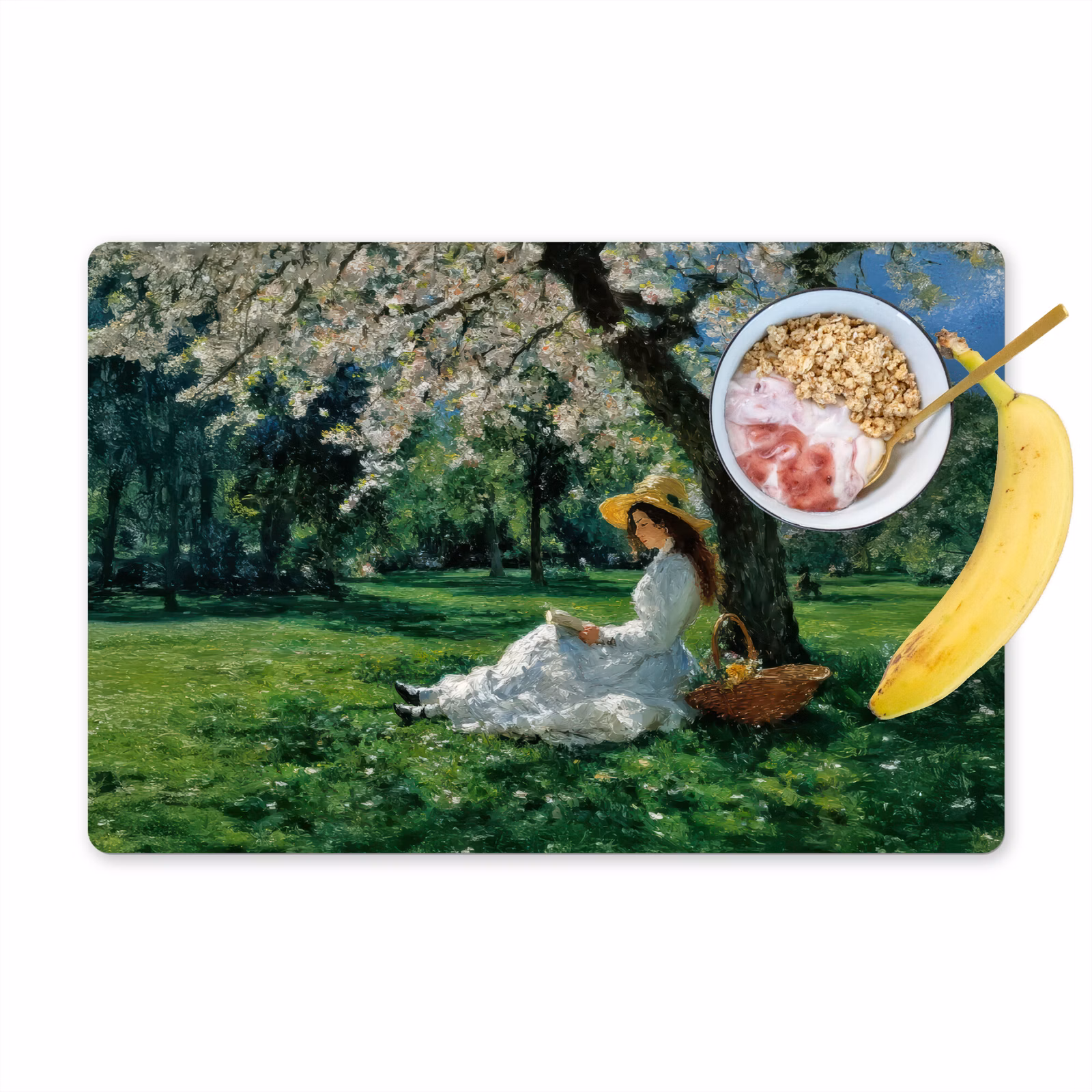 Vinilo para manteles individuales - Mujer - Árbol - Libro - Cesta — 1