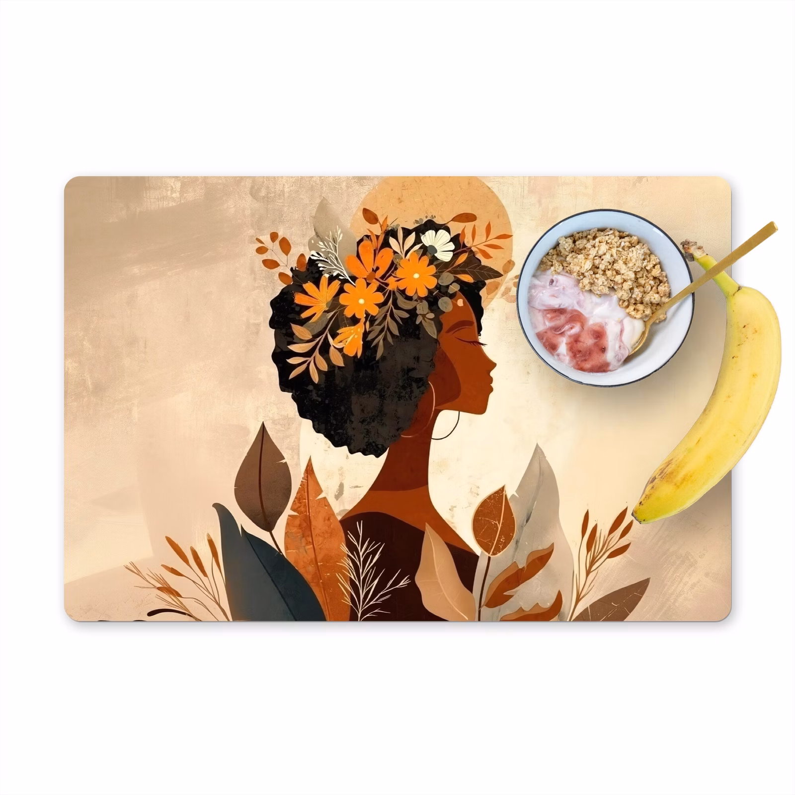 Vinilo para manteles individuales - Mujer - Rizos - Flores - Beige — 1