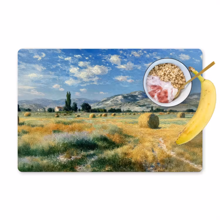Vinilo para manteles individuales - Paisaje - Balas de paja - Montañas - Nubes — 1