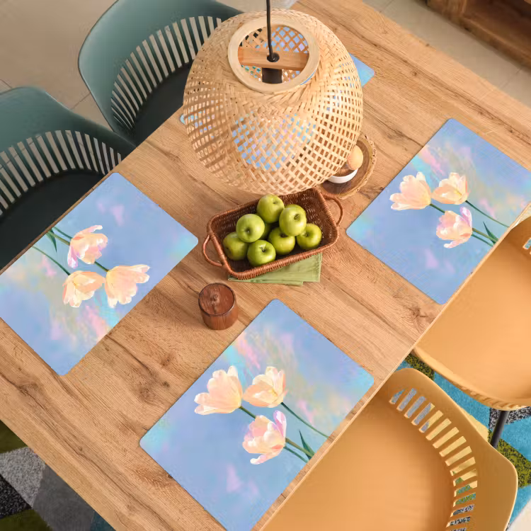 Vinilo para manteles individuales - Tulipanes - Acentos rosas - Azul — 3