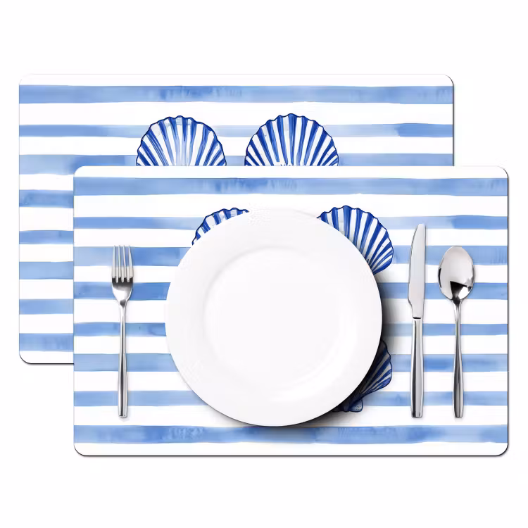 Vinilo para manteles individuales - Cuatro conchas - Azul - Blanco - Rayas — 2