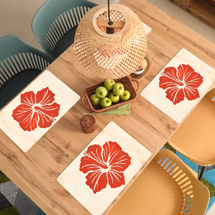 Vinilo para manteles individuales - Flor de hibisco roja - Fondo texturizado - Beige — 3