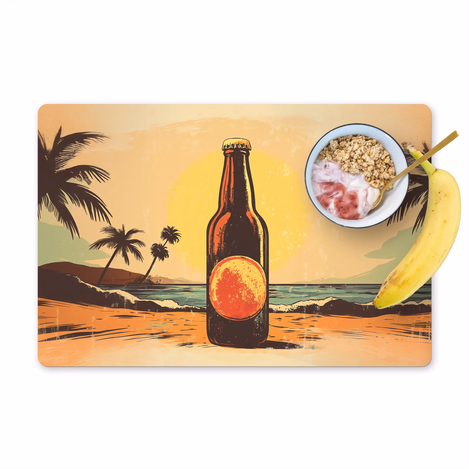 Vinilo para manteles individuales - Botella de cerveza - Puesta de sol - Palmeras - Mar — 1
