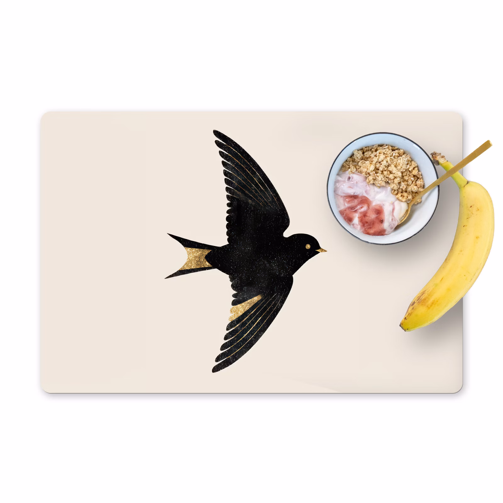 Vinilo para manteles individuales - Golondrina negra - Detalles dorados - Fondo claro — 1