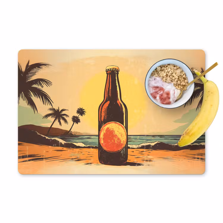 Vinilo para manteles individuales - Botella de cerveza - Puesta de sol - Palmeras - Mar — 1