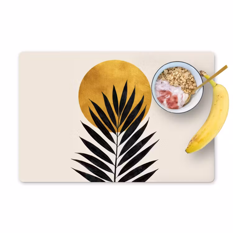 Vinilo para manteles individuales - Hoja de palmera negra - Círculo dorado - Fondo beige — 1