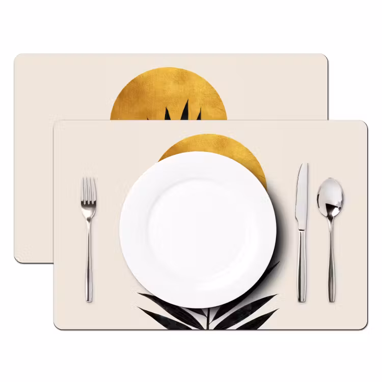 Vinilo para manteles individuales - Hoja de palmera negra - Círculo dorado - Fondo beige — 2