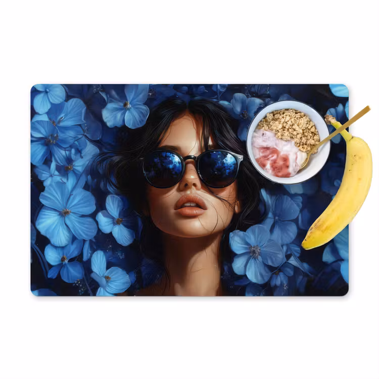 Vinilo para manteles individuales - Mujer - Azul - Flores - Mariposas - Naturaleza — 1