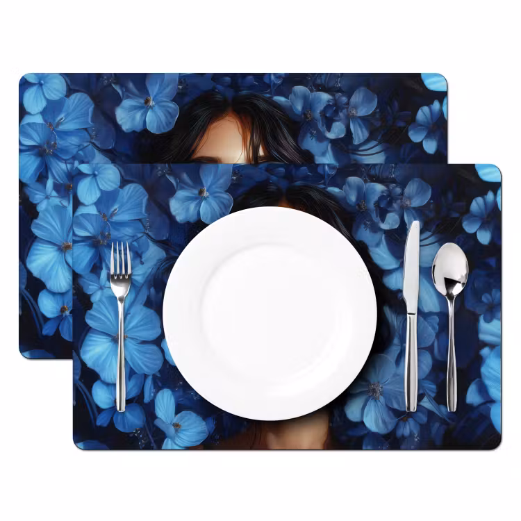 Vinilo para manteles individuales - Mujer - Azul - Flores - Mariposas - Naturaleza — 2