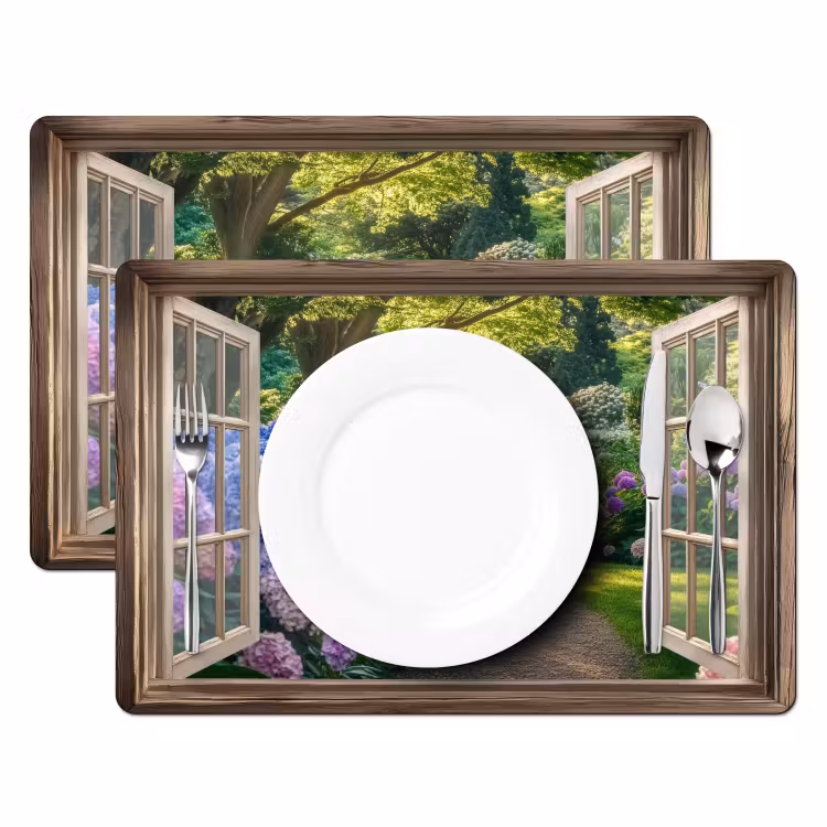 Vinilo para manteles individuales - Vista - Jardín - Ventana - Hortensia - Flores — 2