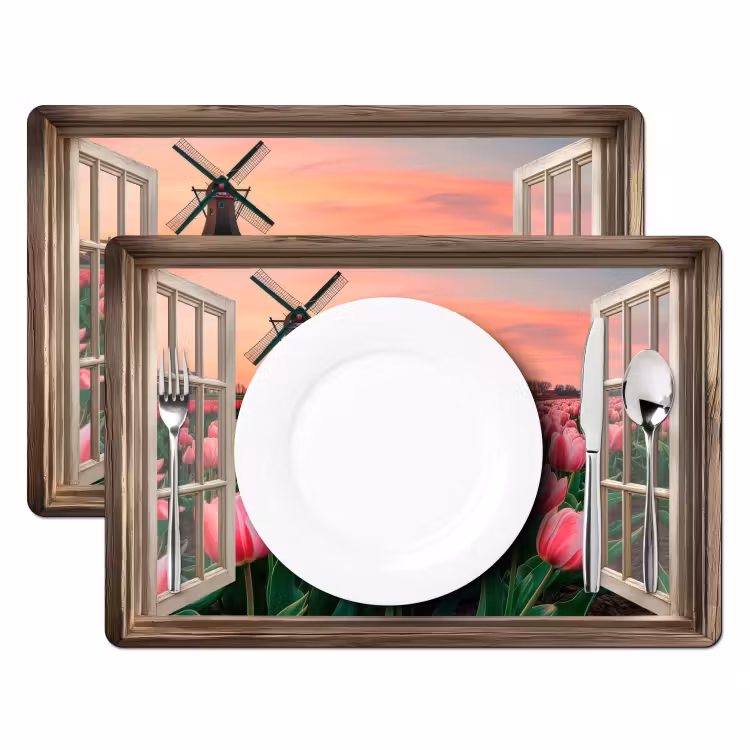 Vinilo para manteles individuales - Vista - Tulipanes - Flores - Molino - Ventana — 2