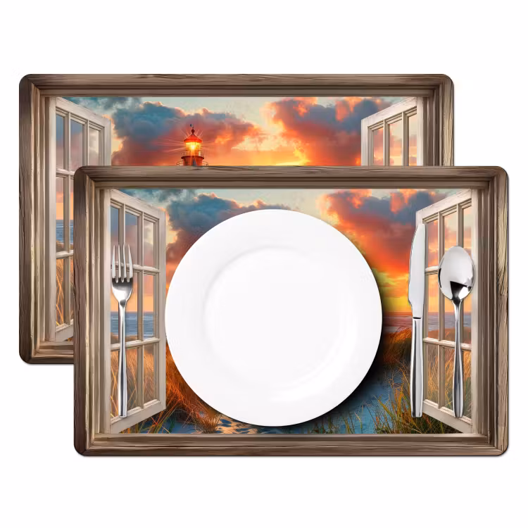 Vinilo para manteles individuales - Vista - Ventana - Faro - Puesta de sol - Playa — 2