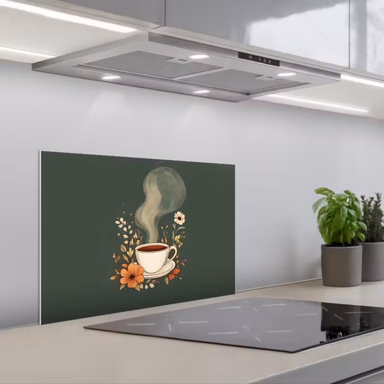 Salpicaderos de cocina - Taza - Flores - Verde - Café — 1