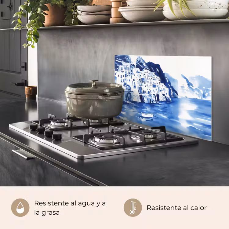 Salpicaderos de cocina - Pueblo - Muro de roca - Bote de remos - Agua — 2