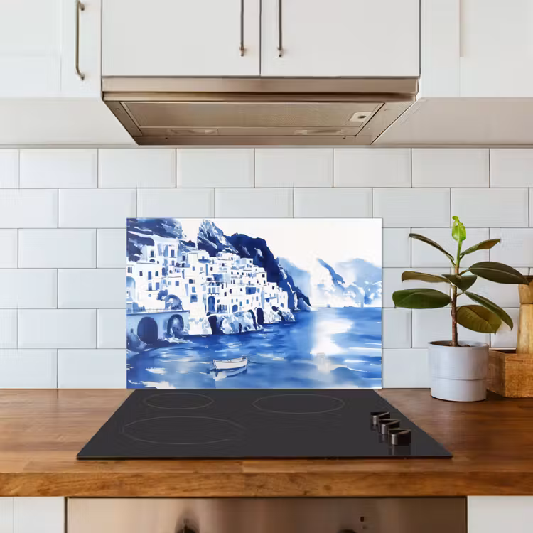 Salpicaderos de cocina - Pueblo - Muro de roca - Bote de remos - Agua — 3