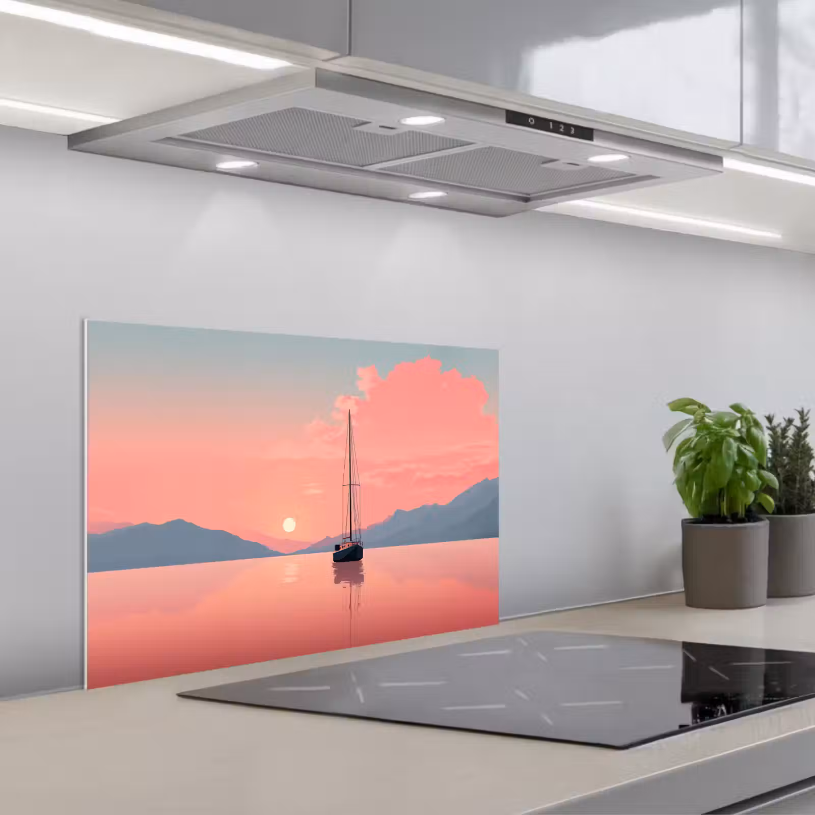 Salpicaderos de cocina - Velero - Mar rosa - Puesta de sol - Montañas — 1