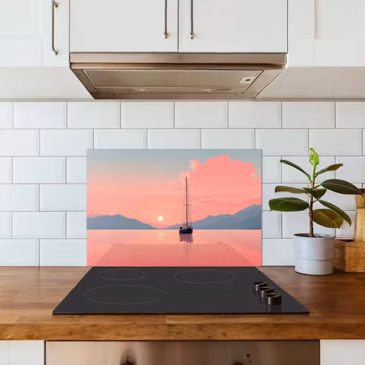 Salpicaderos de cocina - Velero - Mar rosa - Puesta de sol - Montañas — 3