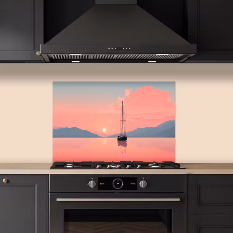 Salpicaderos de cocina - Velero - Mar rosa - Puesta de sol - Montañas — 5