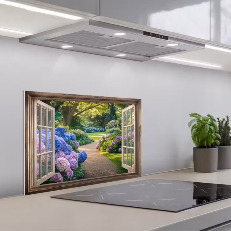 Salpicaderos de cocina - Vista - Jardín - Ventana - Hortensia - Flores — 1