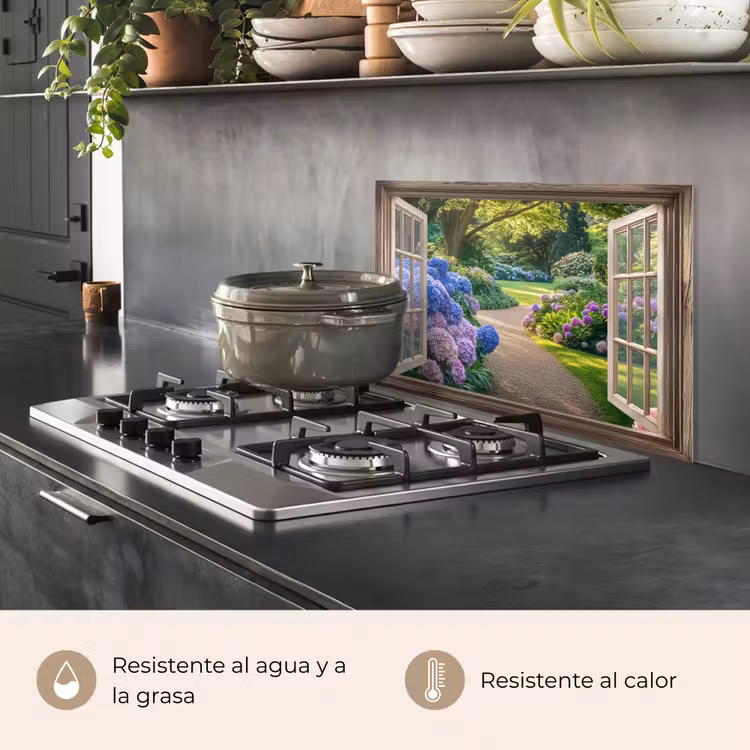 Salpicaderos de cocina - Vista - Jardín - Ventana - Hortensia - Flores — 2