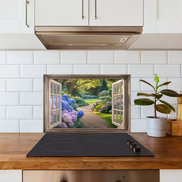 Salpicaderos de cocina - Vista - Jardín - Ventana - Hortensia - Flores — 3