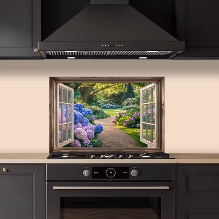 Salpicaderos de cocina - Vista - Jardín - Ventana - Hortensia - Flores — 5