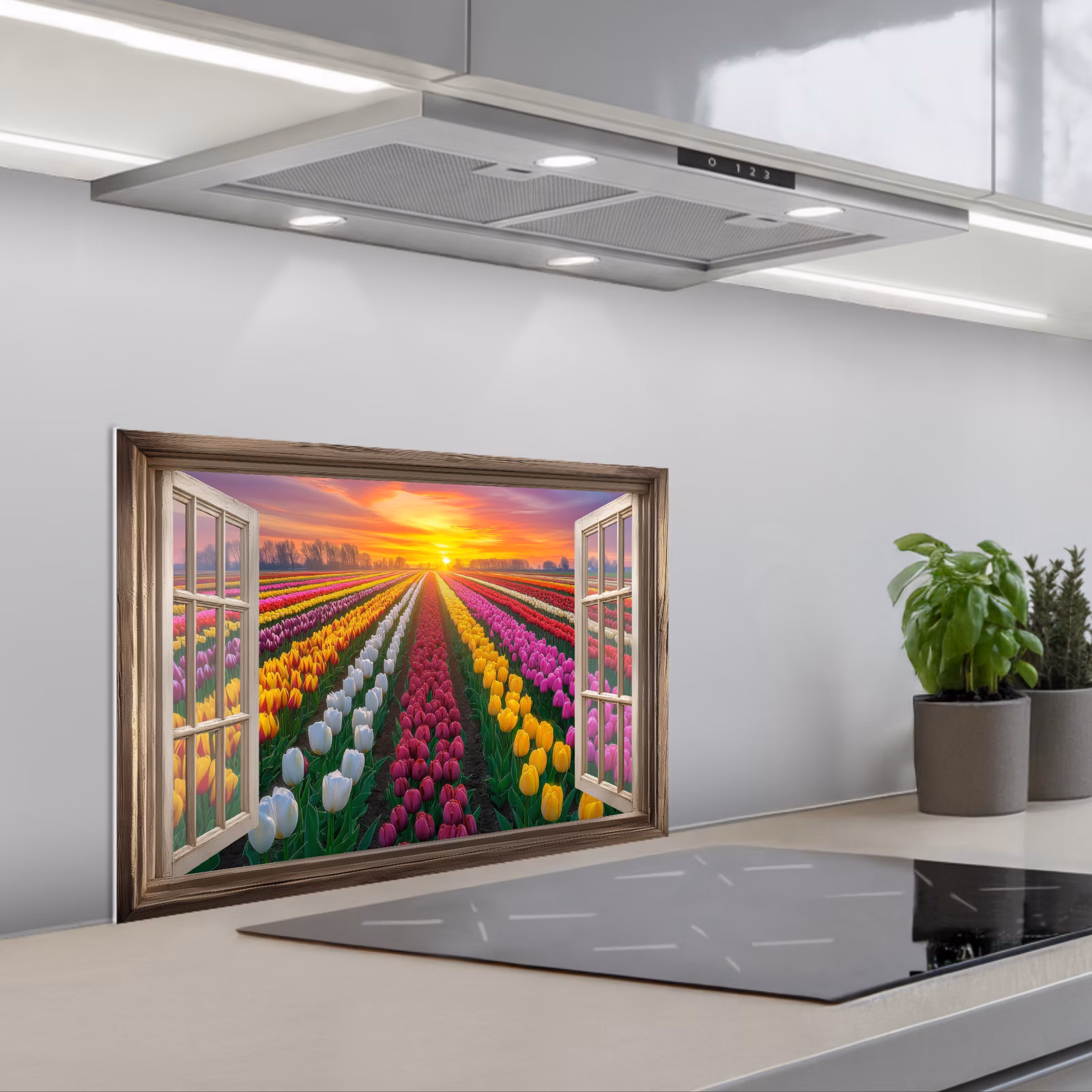 Salpicaderos de cocina - Vista - Flores - Tulipanes - Colorido - Puesta de sol — 1
