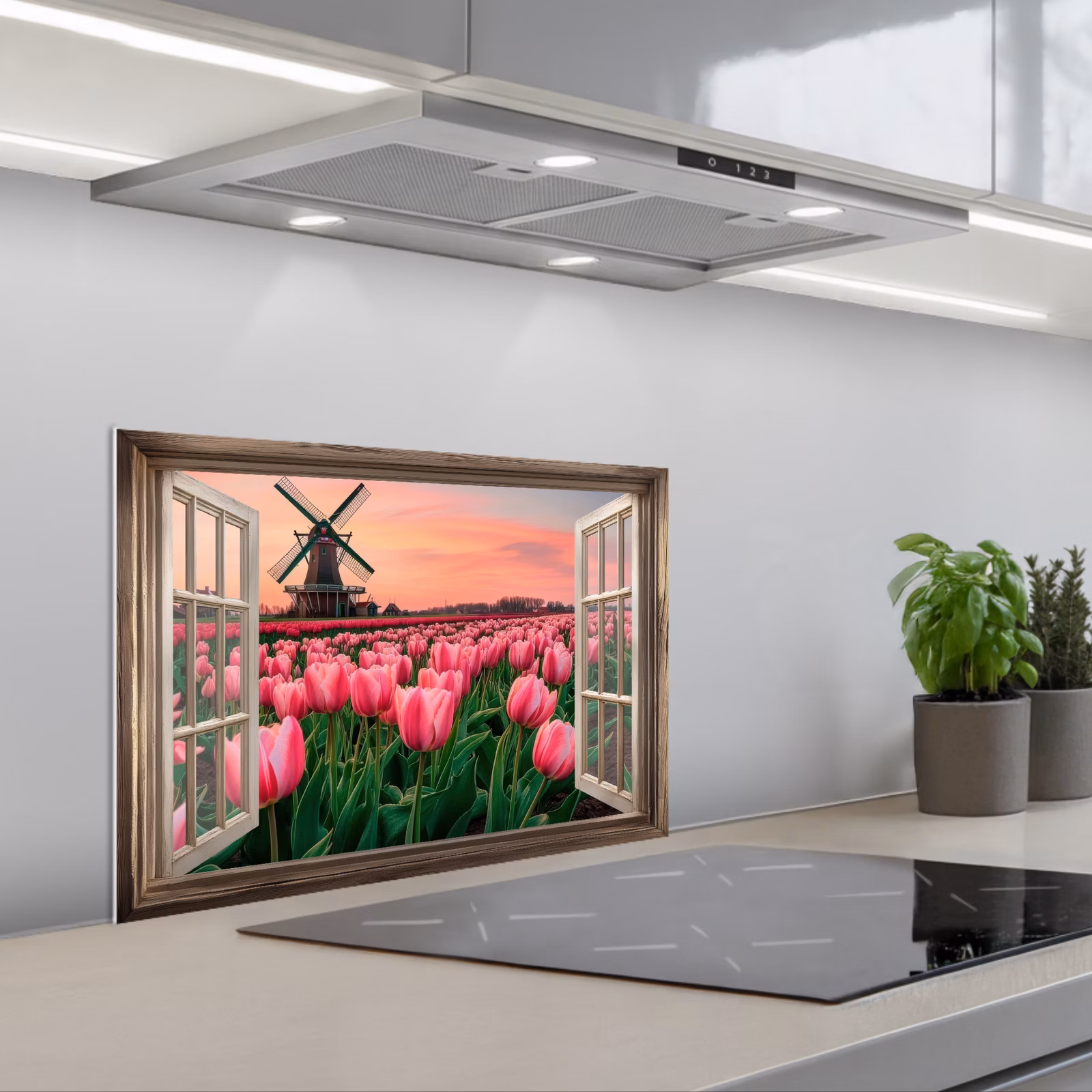Salpicaderos de cocina - Vista - Tulipanes - Flores - Molino - Ventana — 1