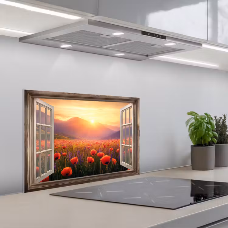 Salpicaderos de cocina - Transparente - Amapolas - Flores - Rojo - Ventana abierta — 1