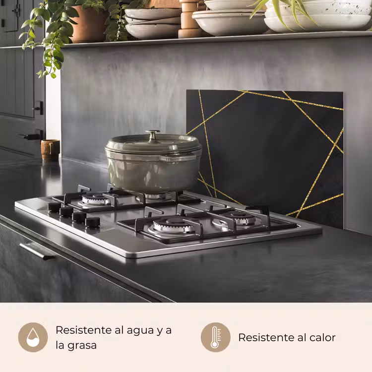 Salpicaderos de cocina - Patrón geométrico de líneas doradas sobre fondo negro — 2