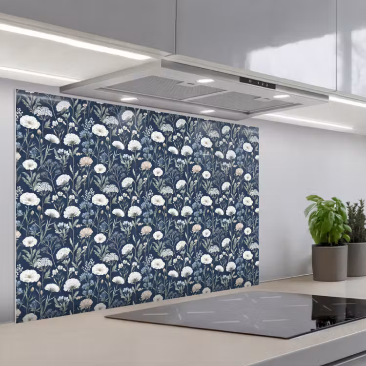 Salpicaderos de cocina - Patrón - Flores - Blanco - Azul — 1