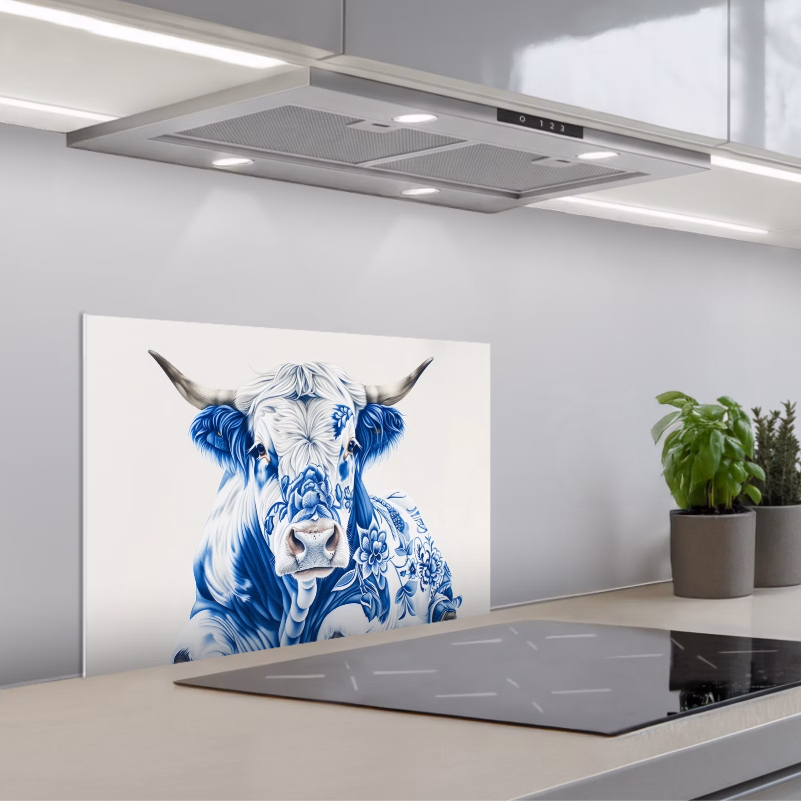 Salpicaderos de cocina - Vaca - Azul de Delft - Flores - Arte — 1