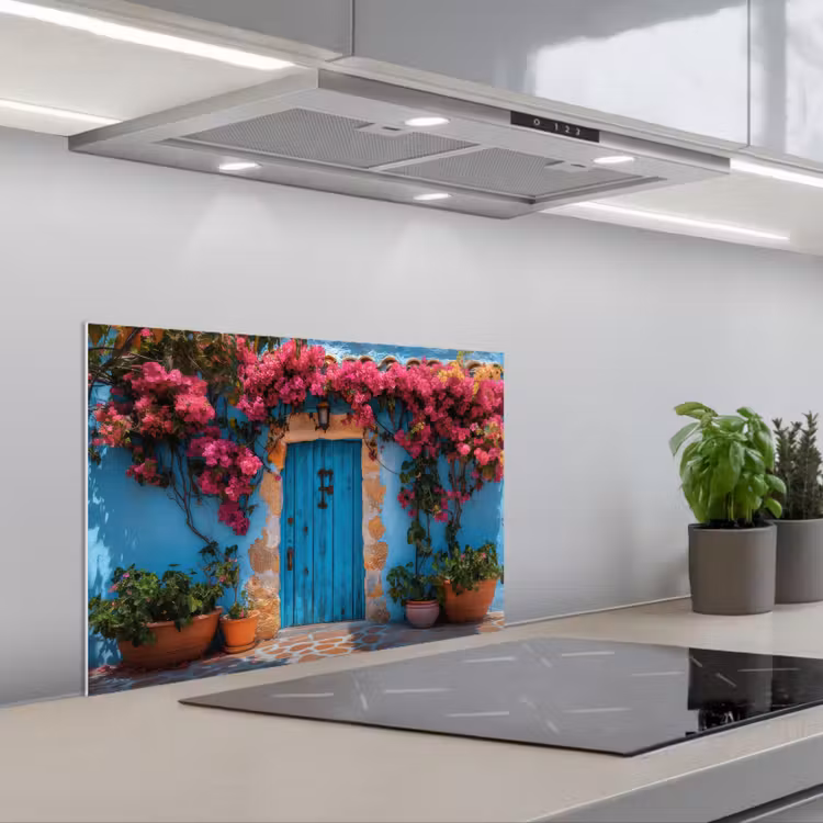 Salpicaderos de cocina - Puerta - Madera - Flores - Azul — 1