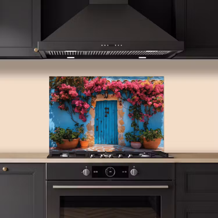 Salpicaderos de cocina - Puerta - Madera - Flores - Azul — 5