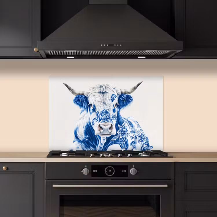 Salpicaderos de cocina - Vaca - Azul de Delft - Flores - Arte — 5
